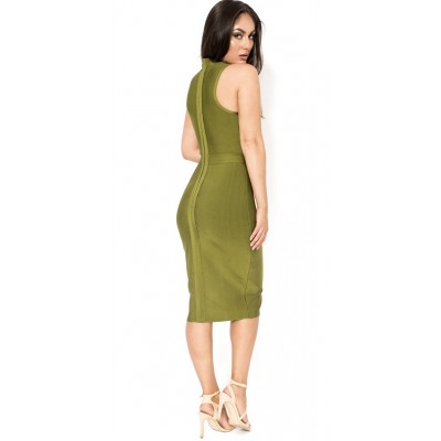 'Abra' green midi bandage dress with high neck